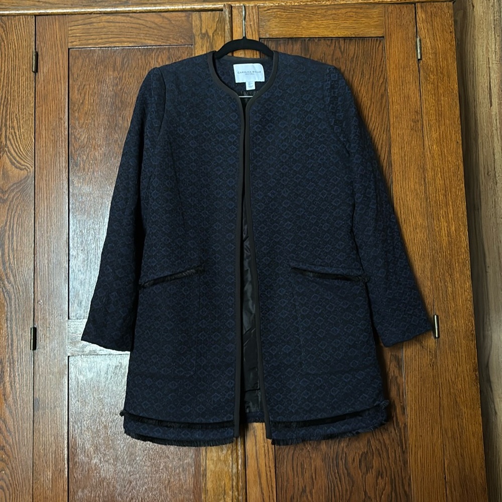 Blue and black open front long blazer